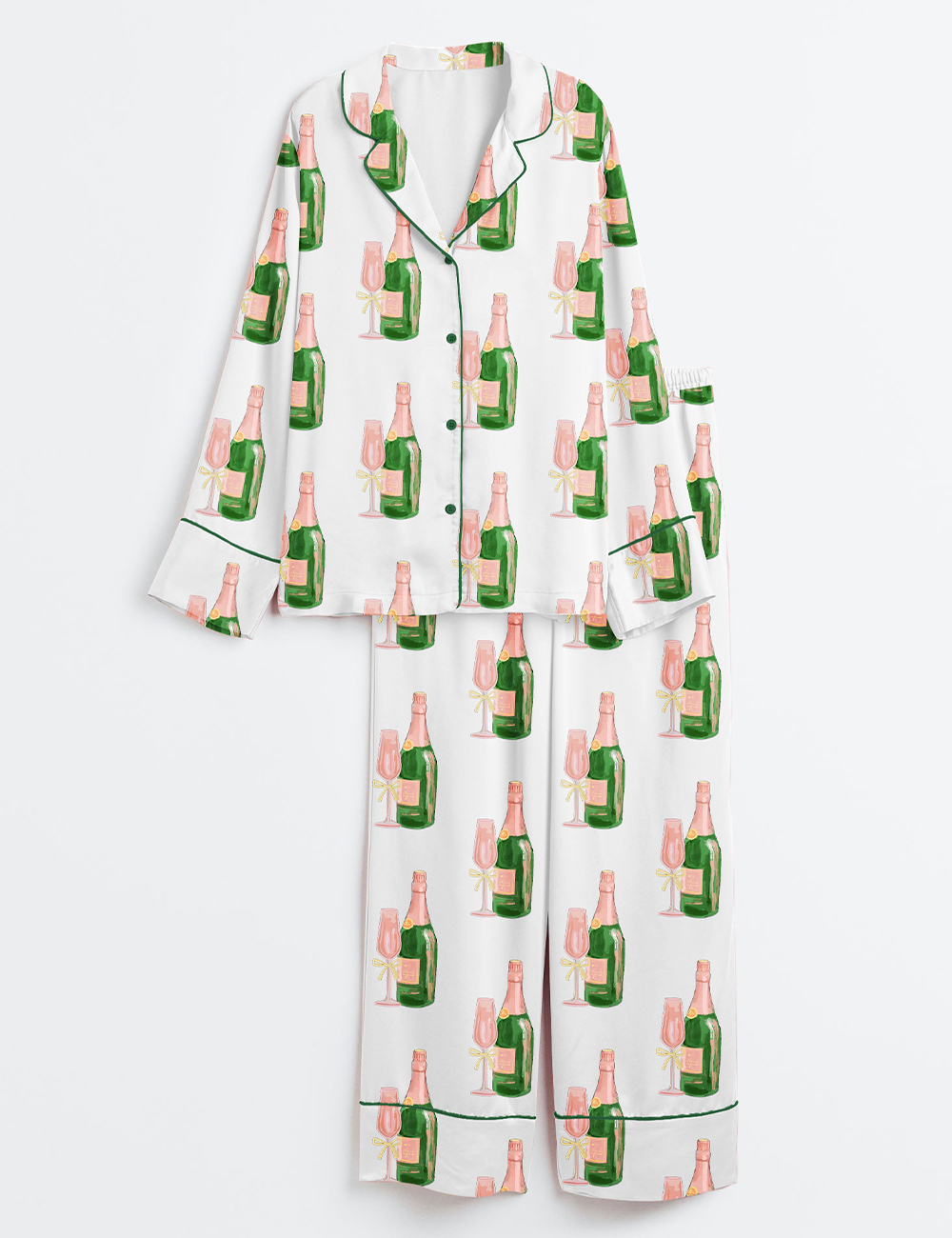 Womenâ€™s Champagne And Wine Bottle Long Sleeve Satin Pajama Set