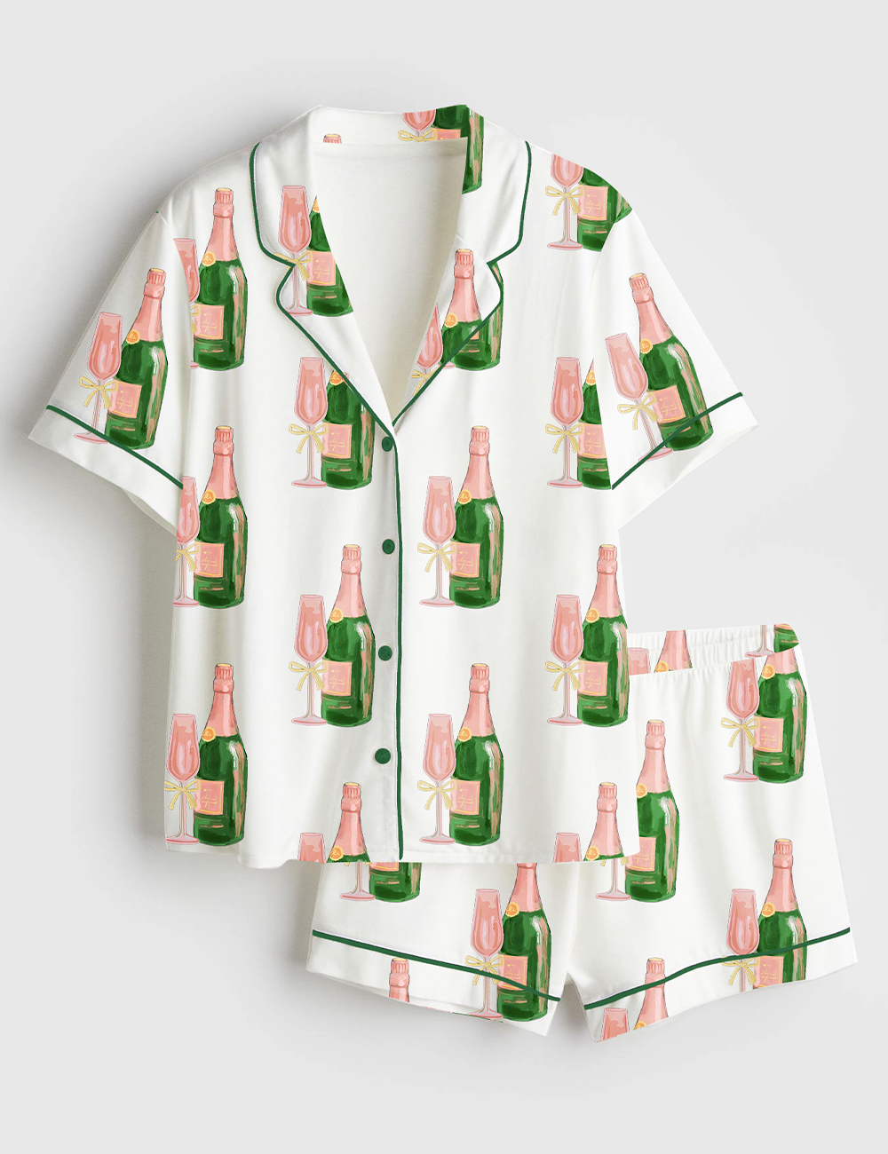 Womenâ€™s Champagne And Wine Bottle Short Sleeve Satin Pajama Set