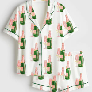 Women's Champagne And Wine Bottle Short Sleeve Satin Pajama Set