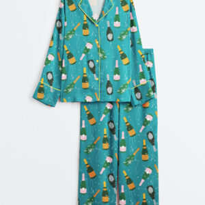Women's Champagne Bottle Party Long Sleeve Satin Pajamas Set