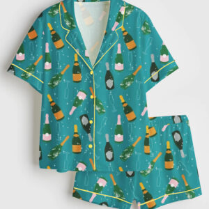 Women's Champagne Bottle Party Short Sleeve Satin Pajama Set