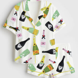 Women's Champagne Bottle Short Sleeve Satin Pajama Set