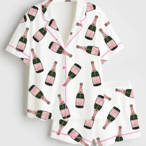 Women's Champagne Bottle Short Sleeve Satin Pajamas Set