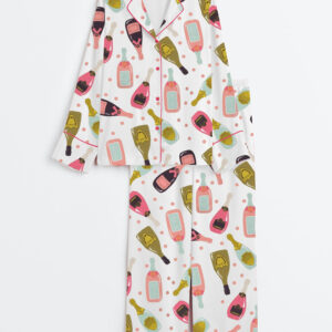 Womenâ€™s Champagne Bottles Square Long Sleeve Satin Pajama Set