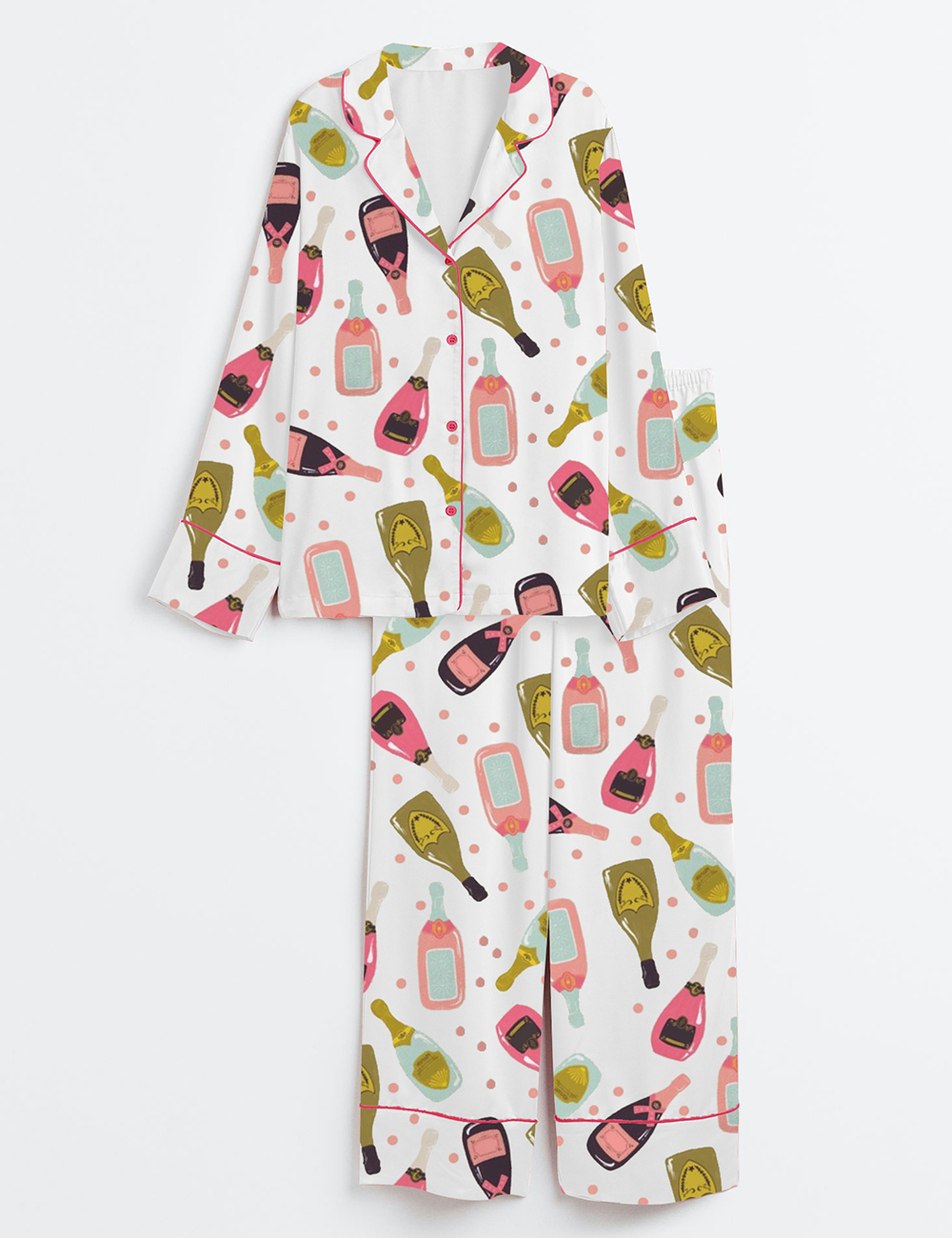 Women's Champagne Bottles Square Long Sleeve Satin Pajamas Set