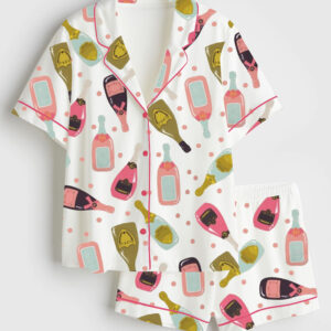 Women's Champagne Bottles Square Short Sleeve Satin Pajama Set