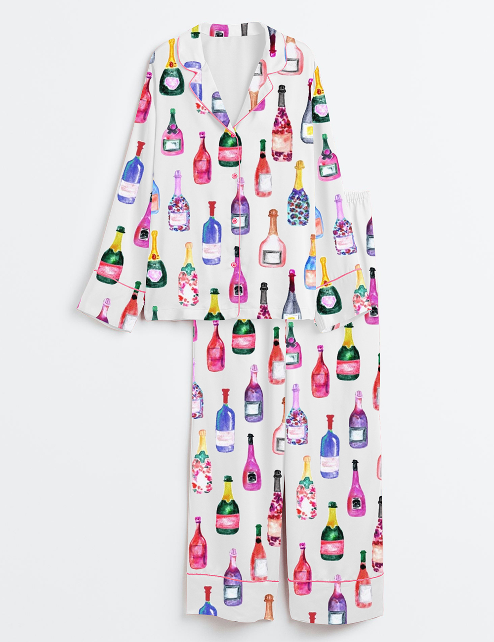 Womenâ€™s Champagne Bottles Watercolor Hot Pink Long Sleeve Satin Pajama Set