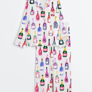 Women's Champagne Bottles Watercolor Hot Pink Long Sleeve Satin Pajamas Set