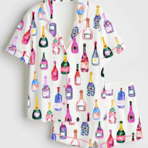 Womenâ€™s Champagne Bottles Watercolor Hot Pink Short Sleeve Satin Pajama Set