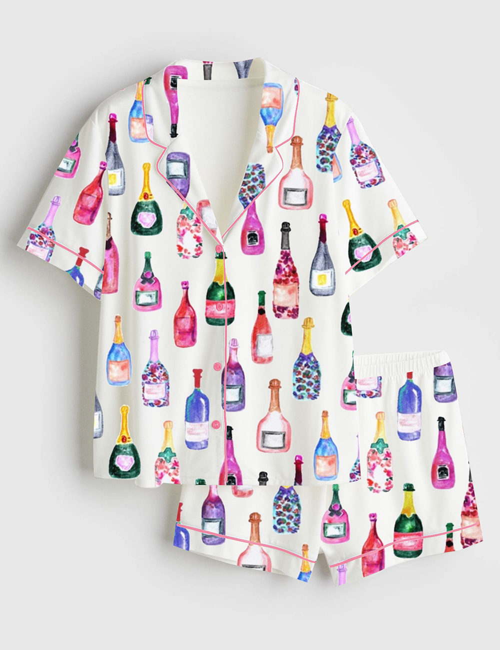 Womenâ€™s Champagne Bottles Watercolor Hot Pink Short Sleeve Satin Pajama Set