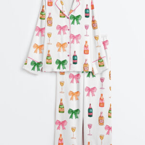 Women's Champagne Decorated With Bow Long Sleeve Satin Pajamas Set