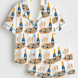 Women's Champagne Glasses Caviar Short Sleeve Satin Pajama Set