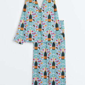 Women's Champagne Glasses Food Plants Long Sleeve Satin Pajamas Set