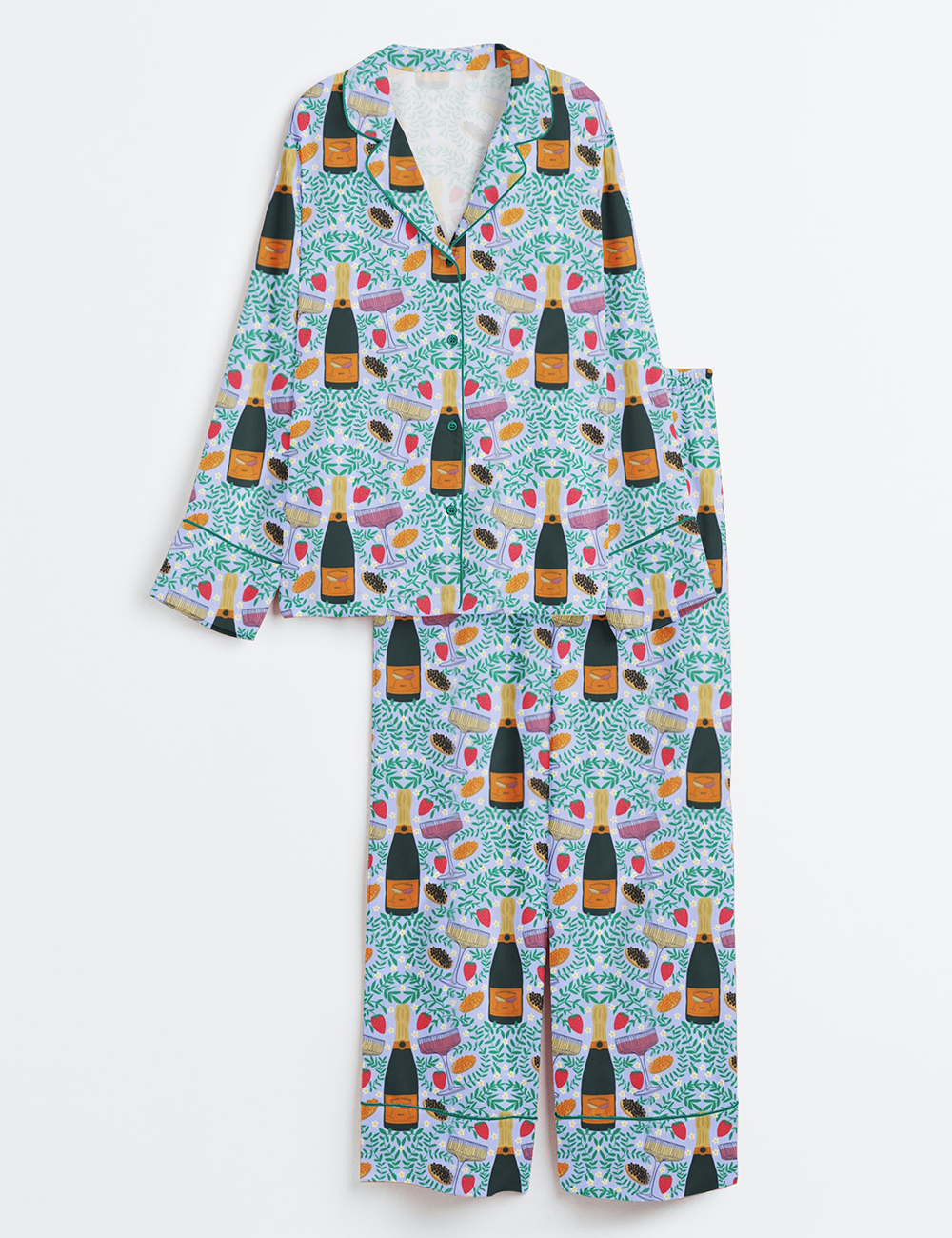 Women's Champagne Glasses Food Plants Long Sleeve Satin Pajamas Set