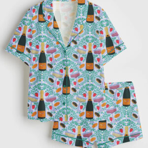Women's Champagne Glasses Food Plants Short Sleeve Satin Pajama Set