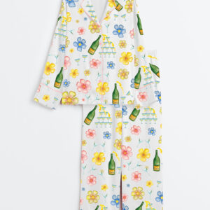 Womenâ€™s Champagne Martini Floral Long Sleeve Satin Pajama Set