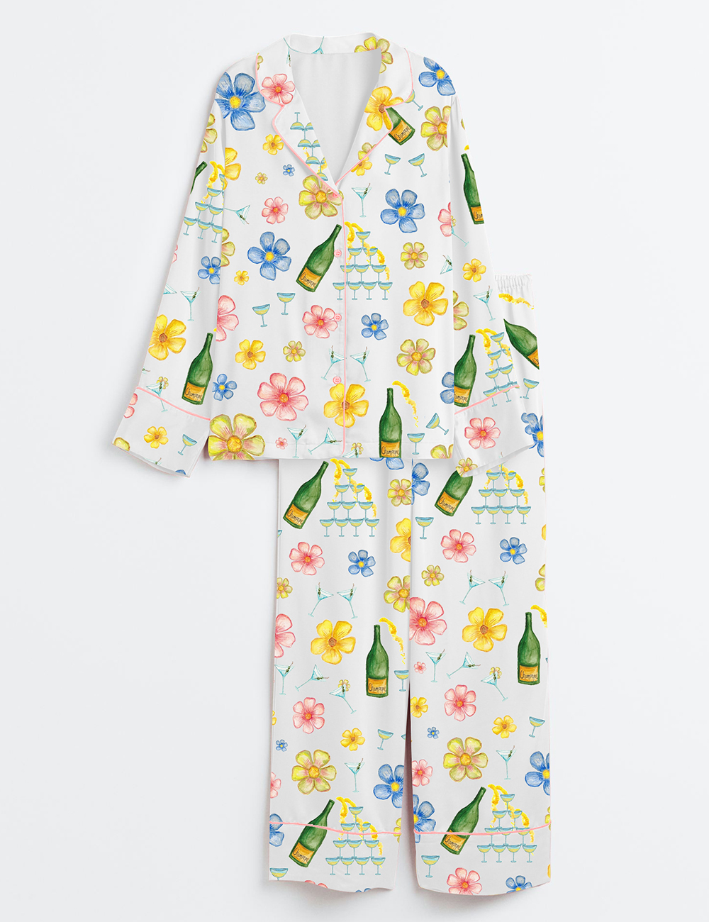 Womenâ€™s Champagne Martini Floral Long Sleeve Satin Pajama Set