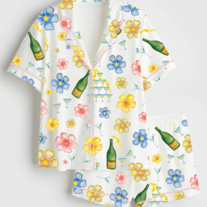 Womenâ€™s Champagne Martini Floral Short Sleeve Satin Pajama Set
