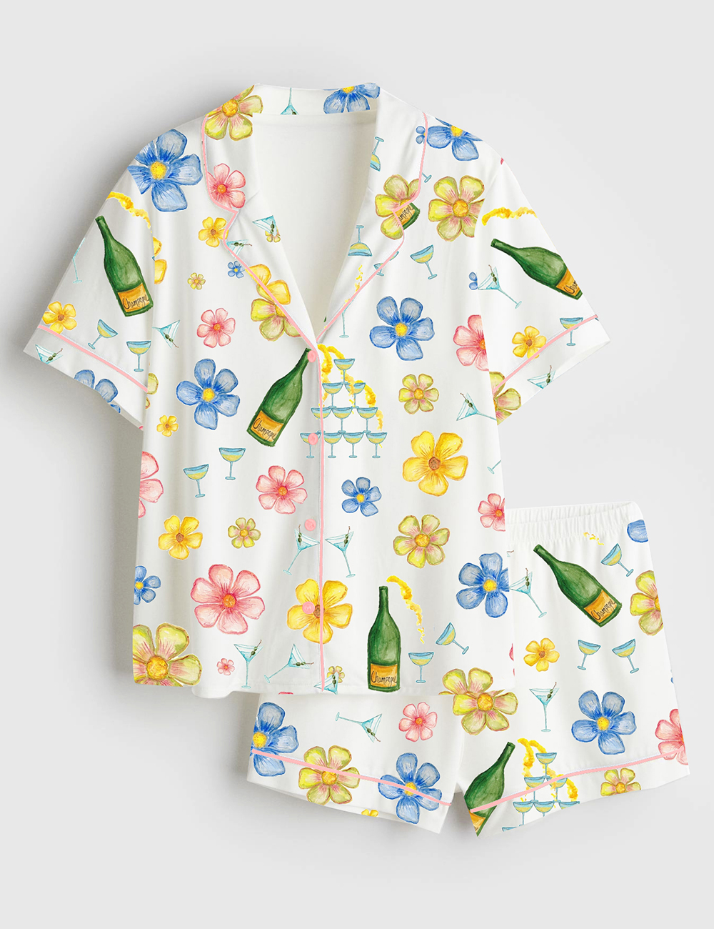 Womenâ€™s Champagne Martini Floral Short Sleeve Satin Pajama Set