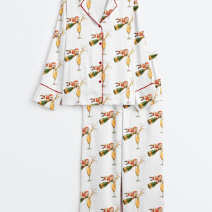 Womenâ€™s Champagne Santa Christmas Long Sleeve Silky Satin Pajama Set