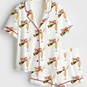 Women's Champagne Santa Christmas Short Sleeve Silky Satin Pajama Set