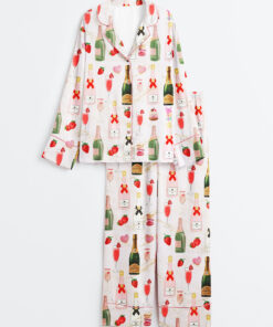 Women's Champagne Strawberries Macarons Romantic Long Sleeve Satin Pajama Set