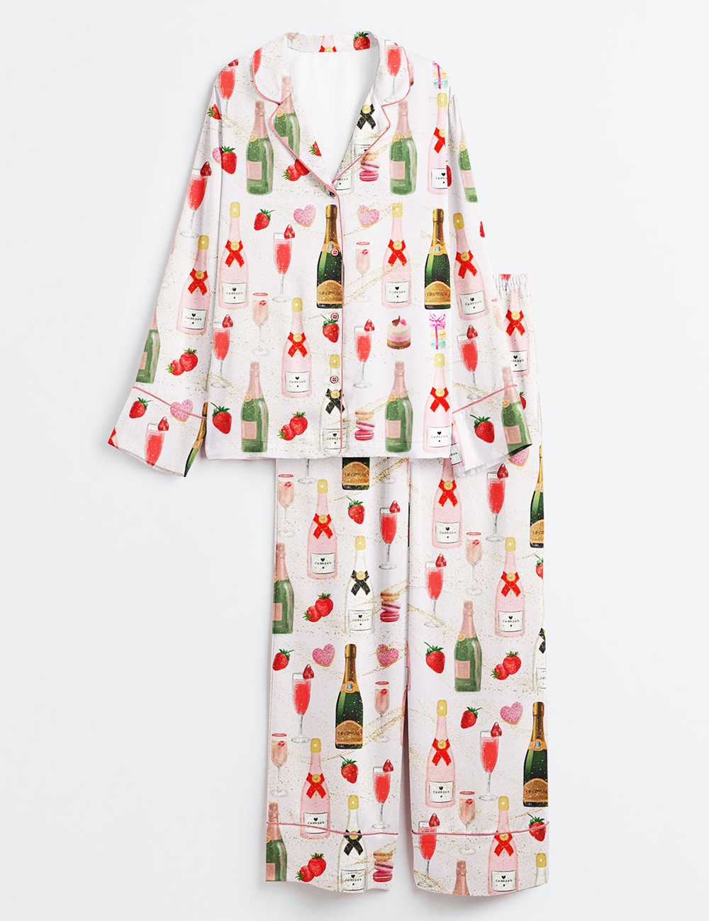 Women's Champagne Strawberries Macarons Romantic Long Sleeve Satin Pajama Set