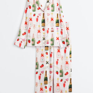 Women's Champagne Strawberries Macarons Romantic Long Sleeve Satin Pajamas Set