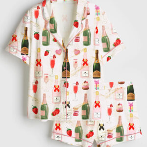 Women's Champagne Strawberries Macarons Romantic Short Sleeve Satin Pajama Set