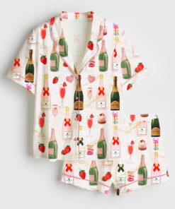 Women's Champagne Strawberries Macarons Romantic Short Sleeve Satin Pajama Set