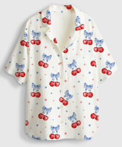 Women's Cherries Be For 4th Of July Short Sleeve Linen Blend Hawaiian Shirt