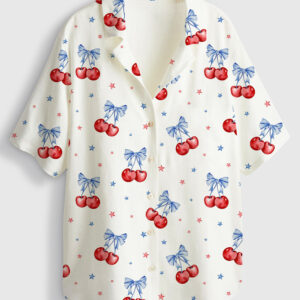 Women's Cherries Be For 4th Of July Short Sleeve Linen Blend Hawaiian Shirt