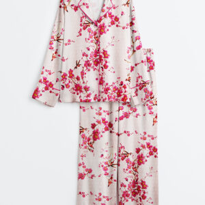 Womenâ€™s Cherry Blossom And Hummingbird Long Sleeve Satin Pajama Set