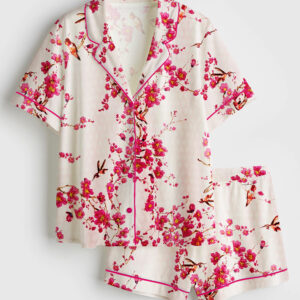 Women's Cherry Blossom And Hummingbird Short Sleeve Satin Pajama Set