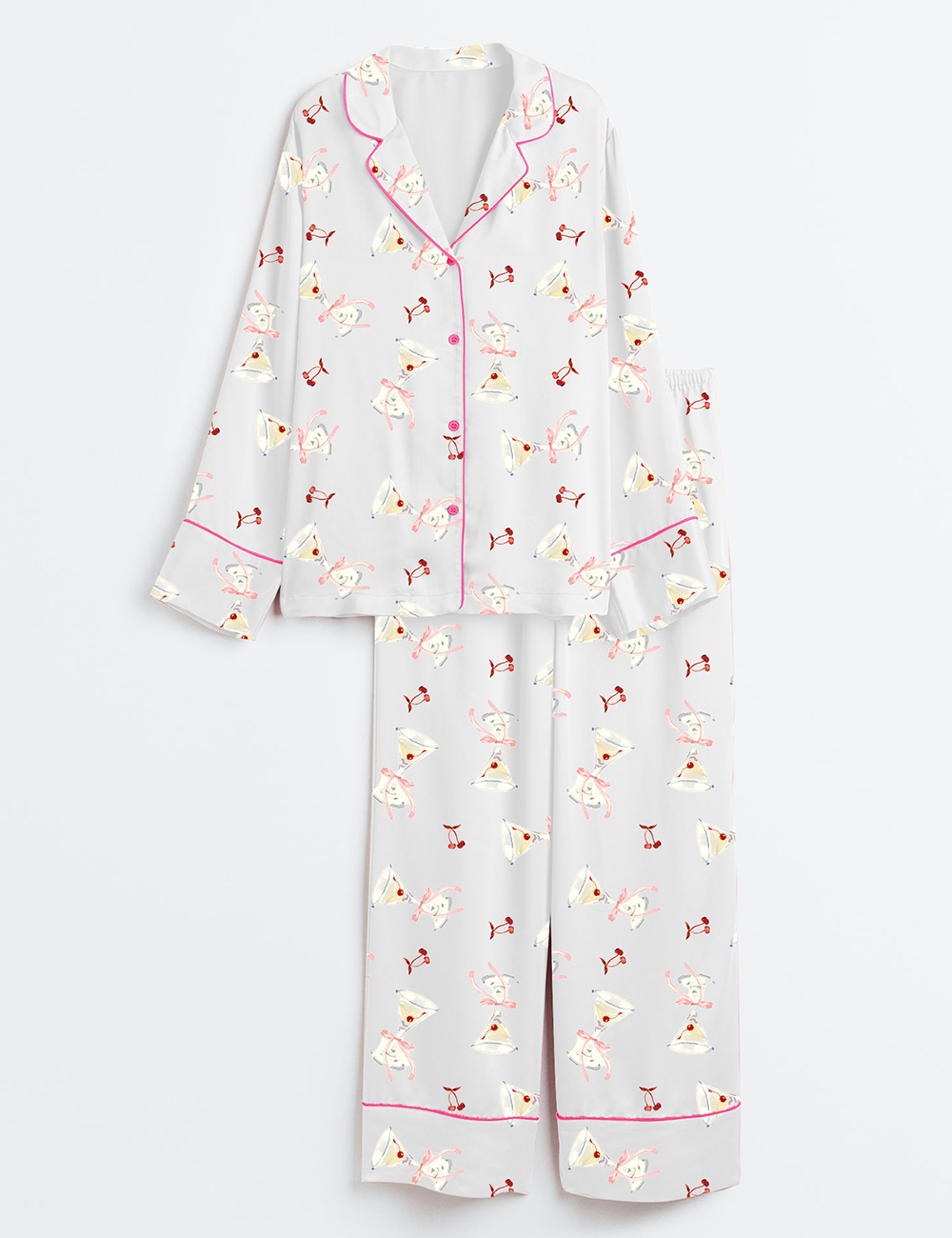 Women's Cherry Cocktail Long Sleeve Satin Pajamas Set