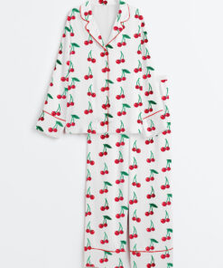 Women's Cherry Cute Print Long Sleeve Satin Pajama Set