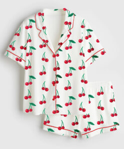 Women's Cherry Cute Print Short Sleeve Satin Pajama Set