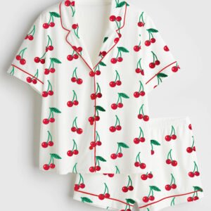 Women's Cherry Cute Print Short Sleeve Satin Pajama Set