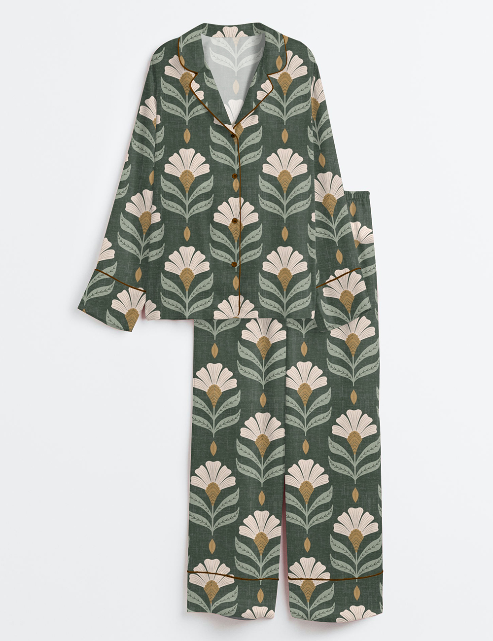 Womenâ€™s Chiara Rustic Green Flower Print Field Plants Long Sleeve Satin Pajama Set