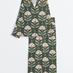 Women's Chiara Rustic Green Flower Print Field Plants Long Sleeve Satin Pajamas Set