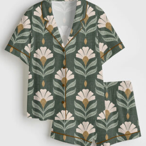 Women's Chiara Rustic Green Flower Print Field Plants Short Sleeve Satin Pajama Set