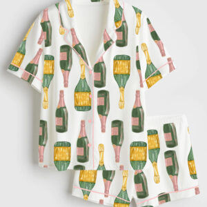 Womenâ€™s Chic Champagne Celebrations Birthday Wedding Bridal Shower Champagne Lovers Short Sleeve Satin Pajama Set