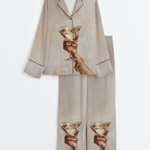Womenâ€™s Chic Martini Glass Hand Holding Cocktail Modern Champagne Long Sleeve Satin Pajama Set