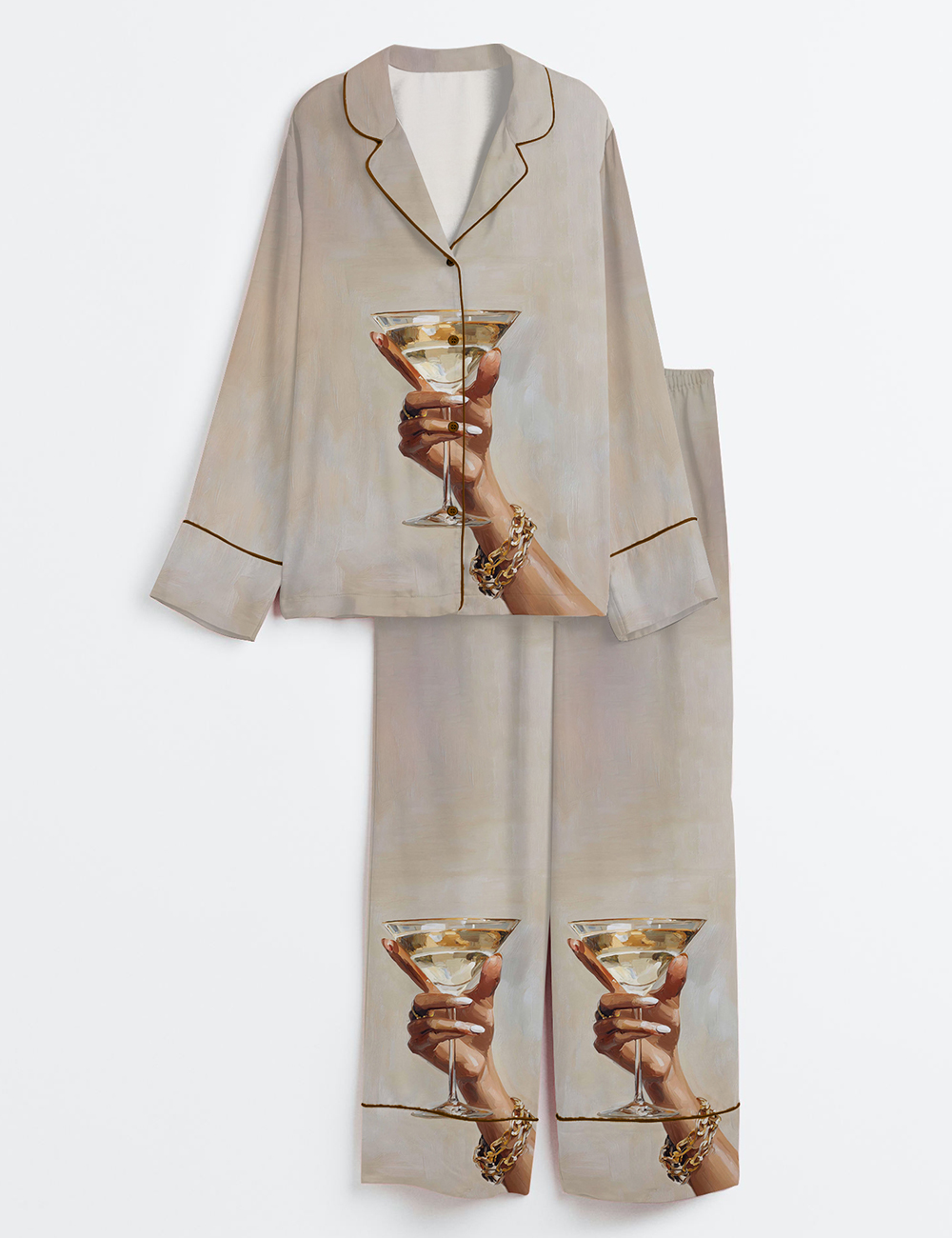 Womenâ€™s Chic Martini Glass Hand Holding Cocktail Modern Champagne Long Sleeve Satin Pajama Set