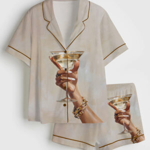 Womenâ€™s Chic Martini Glass Hand Holding Cocktail Modern Champagne Short Sleeve Satin Pajama Set