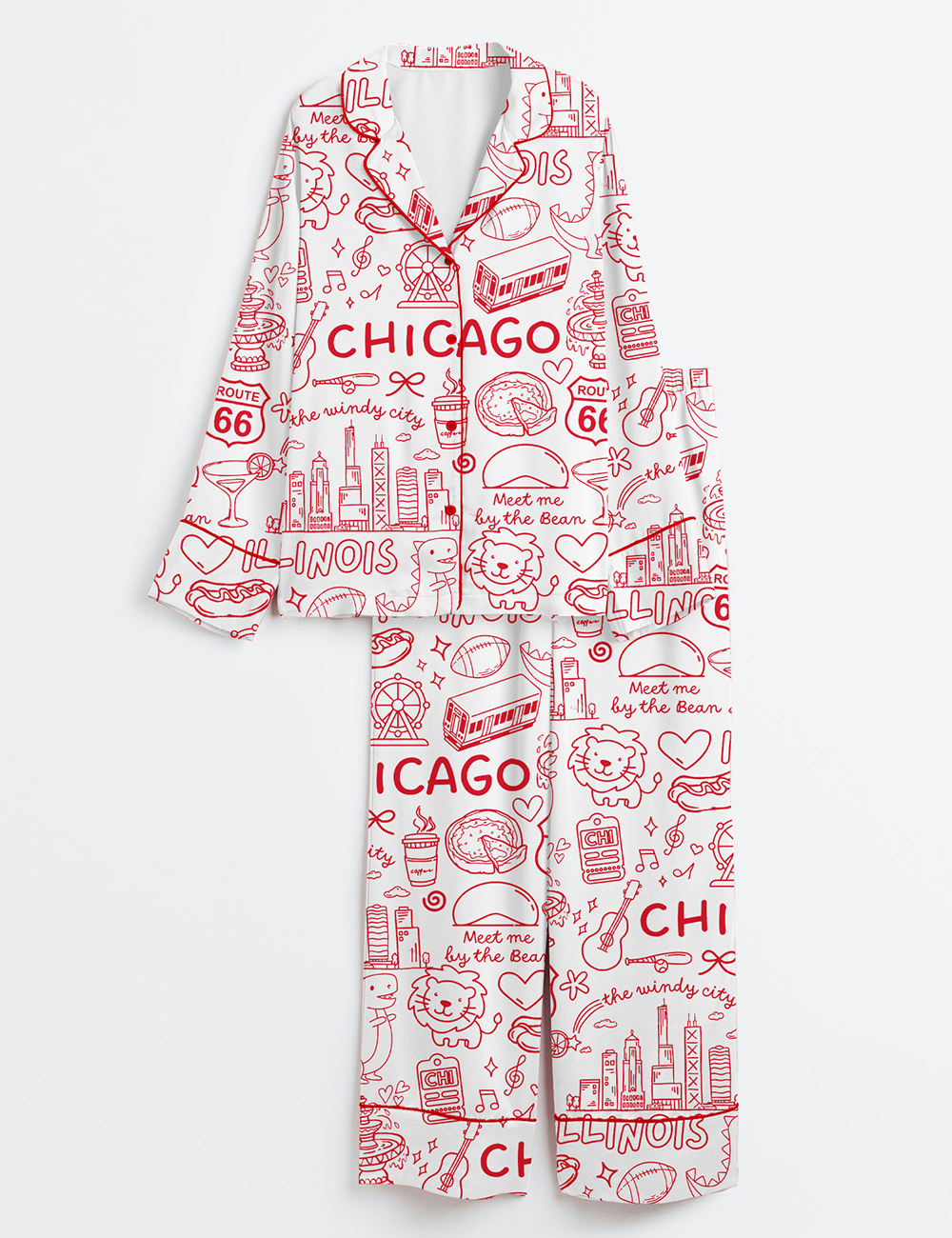 Womenâ€™s Chicago Icons Illinois Landmarks I Love Chicago Long Sleeve Satin Pajama Set