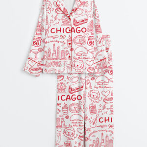 Women's Chicago Icons Illinois Landmarks I Love Chicago Long Sleeve Satin Pajamas Set