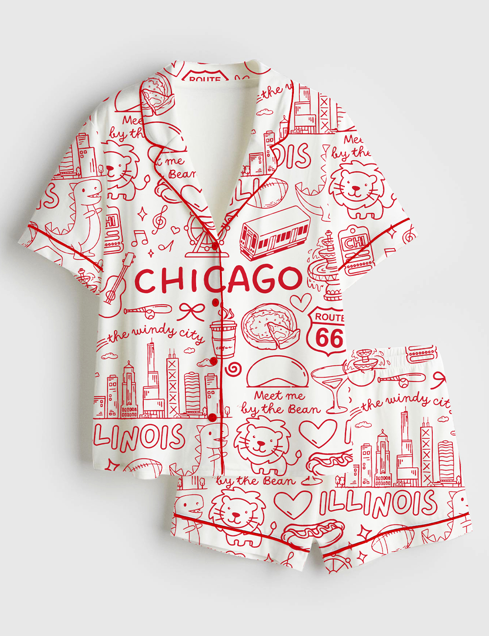 Womenâ€™s Chicago Icons Illinois Landmarks I Love Chicago Short Sleeve Satin Pajama Set