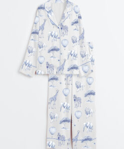 Women's Chinoiserie Safari Elephant Giraffe And Zebra Print Long Sleeve Satin Pajama Set