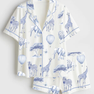 Women's  Chinoiserie Safari Elephant Giraffe And Zebra Print Short Sleeve Satin Pajama Set
